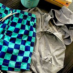 4T Cat & Jack swim trunks and 3/4 sleeve Reel Legends rash guard